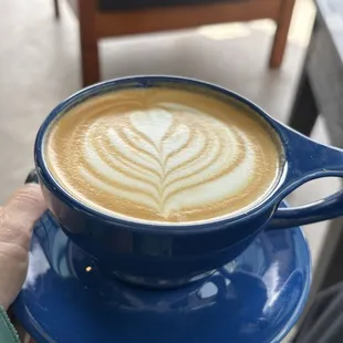 Half caf latte with toasted almond syrup