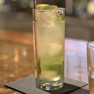 a glass of limeade and a glass of water