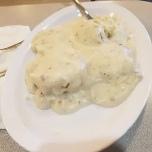 Sausage gravy and biscuits.