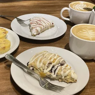 Lemon Raspberry scone, blueberry peach scone and egg bites