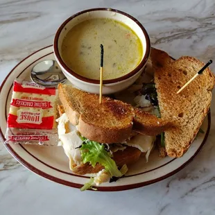 Turkey sandwich and wild rice soup