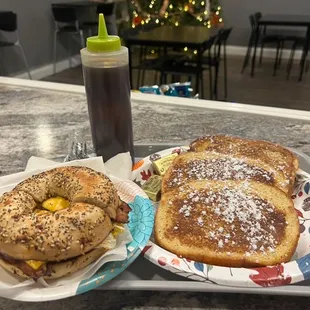 Bacon, Egg and Cheese Bagel and French Toast