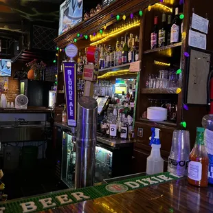 a bar with a wooden bar top