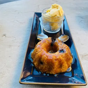 blueberry rum caramel bundt cake with ice cream