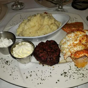 Surf and turf with garlic mashed potatoes.