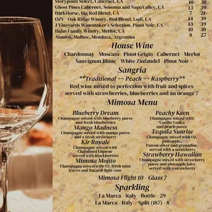 Wine and mimosa menu