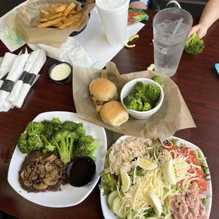 Hamburger Steak and broccoli, Chef Salad, and Kid's sliders and broccoli