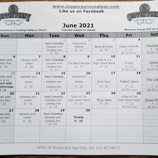 Calendar for entertainment