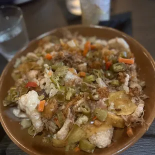 Pork skins layer like nacho platter