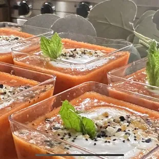 Watermelon mint gazpacho with a coconut cream.