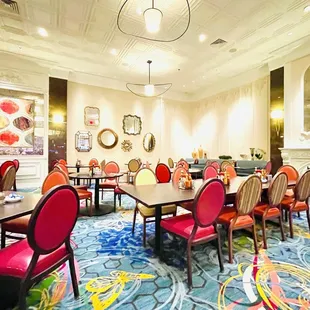 a dining room with a fireplace