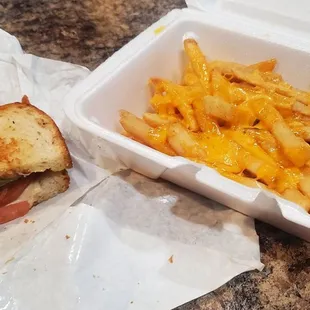 Avocado Bacon Melt on Sourdough with Cheese Fries.