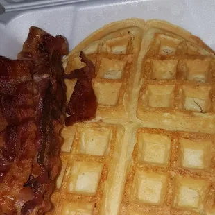 Belgium Waffle w bacon and Pecan Pancakes with sausage patties