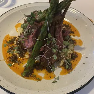 a plate of food with asparagus