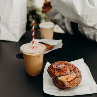 Iced latte, morning bun