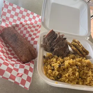 Pernil w/ Arroz con gandules y Tostones and Alcapurrias de Jueyes
