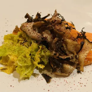 Abalone, miso glazed carrots and cabbage.  Beautiful flavor and presentation