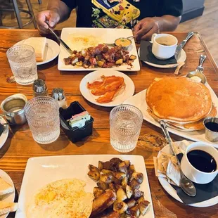 Corn beef, hash at the gym, special and pancakes and bacon, and some coffee and great service.