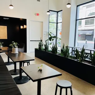 tables and stools in a coffee shop
