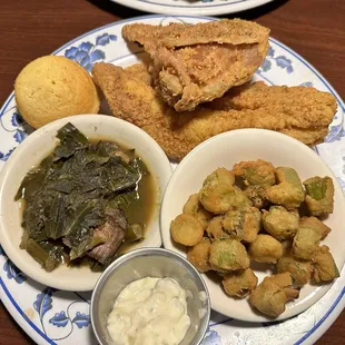 1 Chicken Breast Collard Greens w/Smoked Turkey Meat Fried Okra 1 Catfish Fillet (no bones)