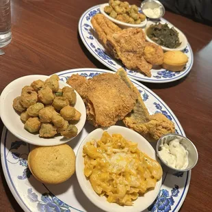 Chicken and fish (snapper). Mac N Cheese Fried Okra Corn Bread