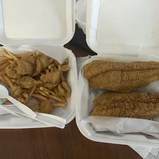 catfish nuggets &amp; fries &amp; 2 big catfish fillets with 1 slice of bread &amp; homemade tartar sauce