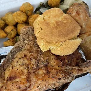 Fried Okra Jumbo Chicken Breast 1 Piece Chicken Leg Corn Bread Collard Greens w/Turkey Meat