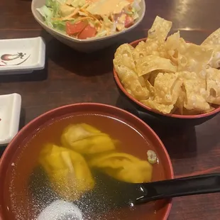 Wonton soup, complimentary chips, ginger salad