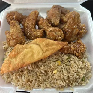 Sweet chicken wings with fried rice and cheese wonton