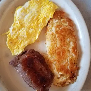 Steak, 2 eggs, hashbrowns &amp;toast