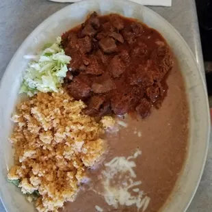 Chile colorado with rice, beans &amp; tortillas