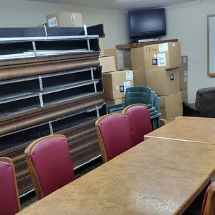 Eat breakfast in the storage room/meeting room.