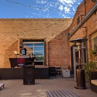 Band stage.  Note blue water bowl for dogs