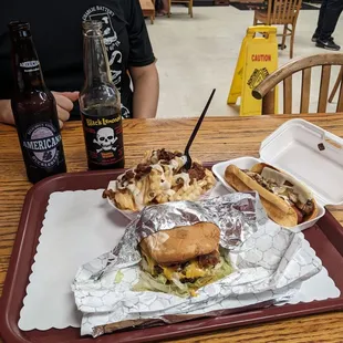 Sodalicious burger, mushroom Swiss dog and fries