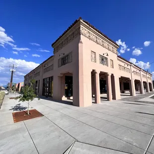 The corner building is beautifully restored