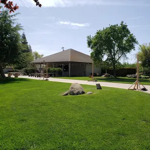 a grassy area with picnic tables and benches