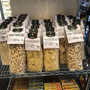 pastas including gluten free for sale along with candy.