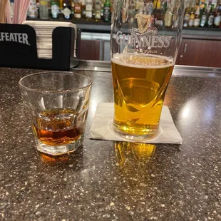 a pint and a glass of whiskey