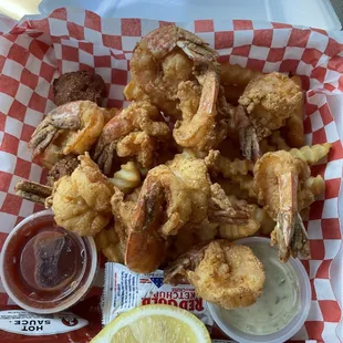 Fried Shrimp, Hushpuppies, Fries
