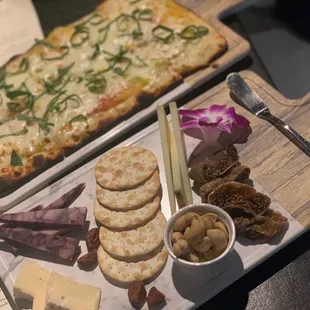 Tomato flatbread, cheese platter