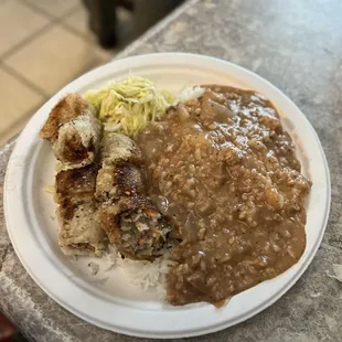 Imperial Roll, Country Salad, Meat Sauce on Rice