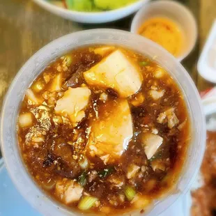 Ma Po Tofu (with meat); you can order this w/o meat. Yum!!!