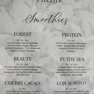 Smoothie menu. 1/14/22
