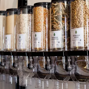 Bulk food bins. Customers can bring their own containers!