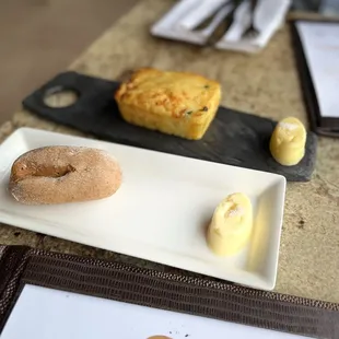 Jalapeño, cheddar corn bread and the Gluten Free roll with salted butter