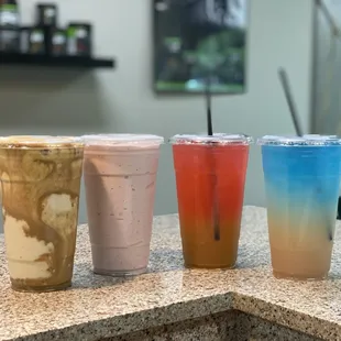Caramel Macchiato with House Blend Coffee Swirl 
Strawberry 
Sweet Tart Tea Bomb 
Ocean Water hydration tea