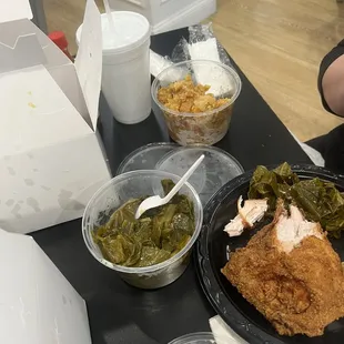 Collard greens, corn pudding, and chicken
