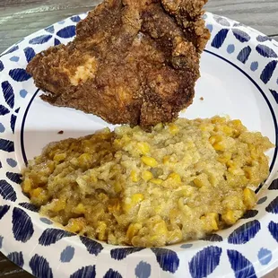 Fried chicken breast and corn pudding