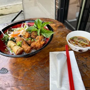 Bun cha ca ( Vietnamese fish cake with vegetable spring rolls