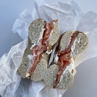 Sesame bagel with cream cheese and lox